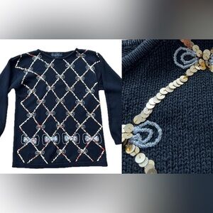 Vintage Embellished Black Sweater with Sequins Medium Beaded Bows Gold Silver